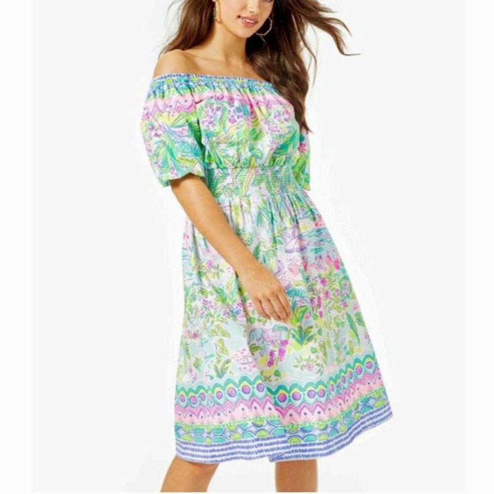 LILLY PULITZER Camille Island Hopping Pink Blue Floral Smocked Midi Dress XXS